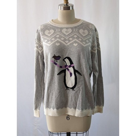 Women's Talbots Fair Isle Penguin Sweater Size XLp Petite Gray Heart Lightweight - Picture 1 of 8